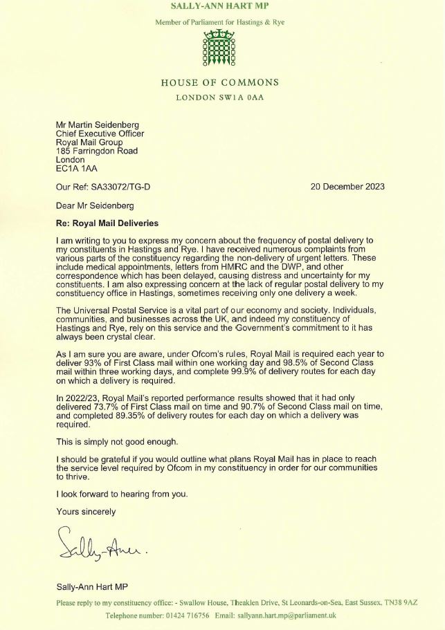 Letter from Sally-Ann to Chief Executive of Royal Mail